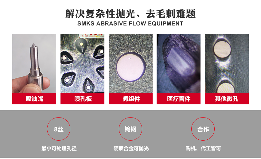 （斯曼克<a href='http://www.zhqysound.com' target='_blank'><u>去毛刺機(jī)</u></a>廣泛應(yīng)用于<a href='http://www.zhqysound.com' target='_blank'><u>交叉孔去毛刺</u></a>,<a href='http://www.zhqysound.com' target='_blank'><u>內(nèi)孔去毛刺</u></a>,<a href='http://www.zhqysound.com' target='_blank'><u>去毛刺機(jī)</u></a>,微孔去毛刺,噴油器去毛刺,共軌管去毛刺,曲軸去毛刺,閥體去毛刺,泵體去毛刺）